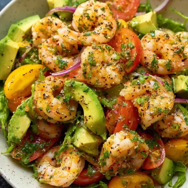 Healthy shrimp avocado salad with fresh ingredients on a plate