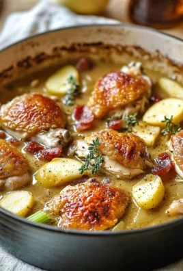 Hearty French Chicken Casserole in the style of Normandy served in a rustic dish.