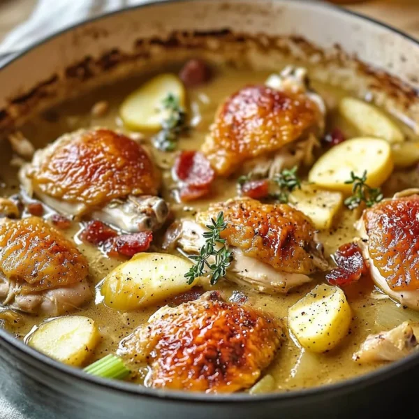 Hearty French Chicken Casserole in the style of Normandy served in a rustic dish.