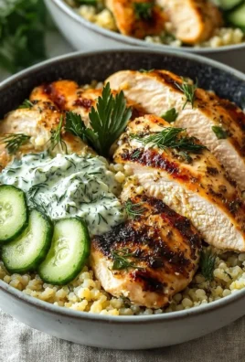 Herbed chicken and couscous bowls topped with tzatziki sauce.