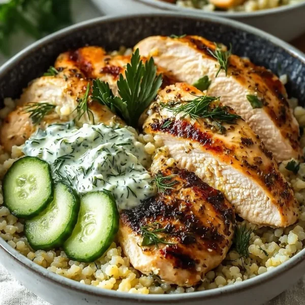 Herbed chicken and couscous bowls topped with tzatziki sauce.