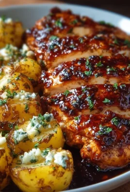 Honey BBQ Chicken served with cheesy garlic parmesan potatoes on a plate.