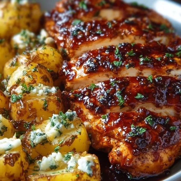 Honey BBQ Chicken served with cheesy garlic parmesan potatoes on a plate.