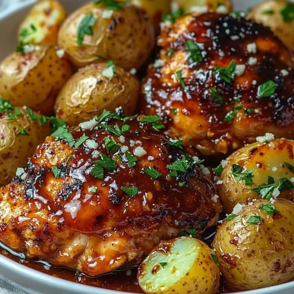 Honey BBQ Chicken served with garlic Parmesan potatoes for a delicious meal