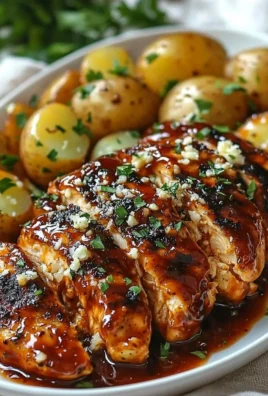 Plated Honey BBQ Chicken paired with garlic Parmesan potatoes on a wooden table