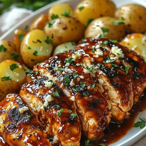 Plated Honey BBQ Chicken paired with garlic Parmesan potatoes on a wooden table