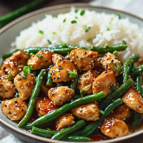 Delicious honey garlic chicken served with fresh green beans on a plate
