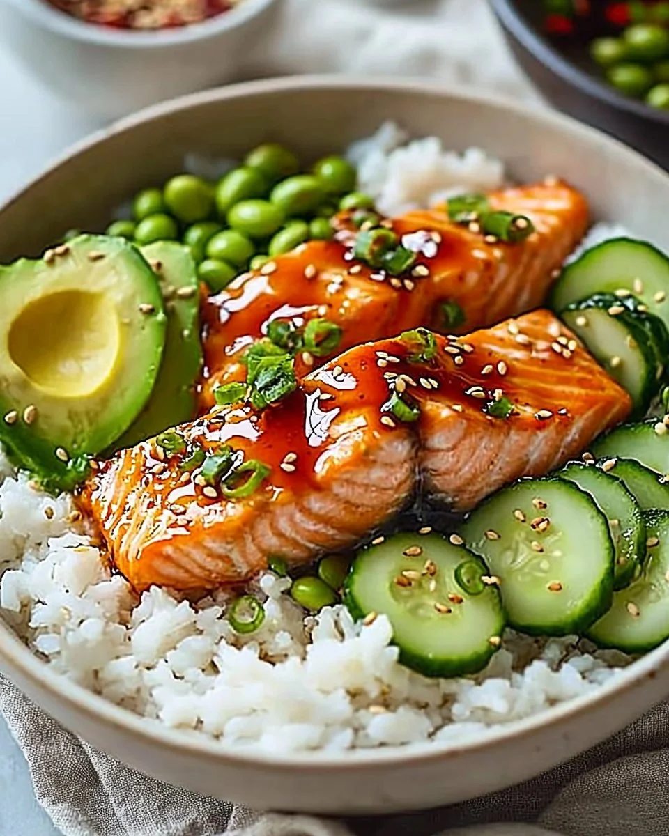 Honey Sriracha Salmon bowl with vibrant vegetables and grains