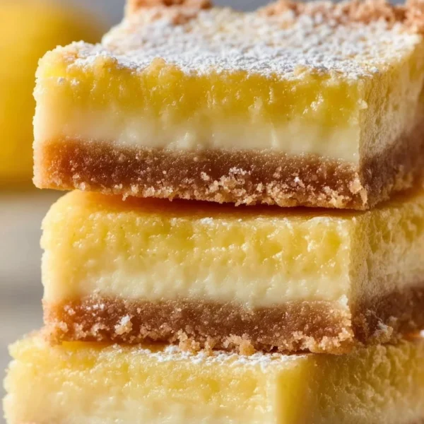 Delicious lemon bars made with condensed milk, topped with powdered sugar.