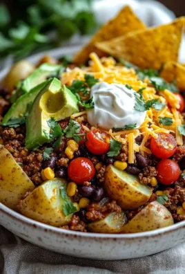 Delicious Loaded Potato Taco Bowl with toppings in a serving dish