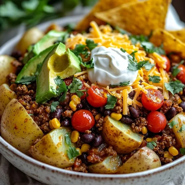 Delicious Loaded Potato Taco Bowl with toppings in a serving dish
