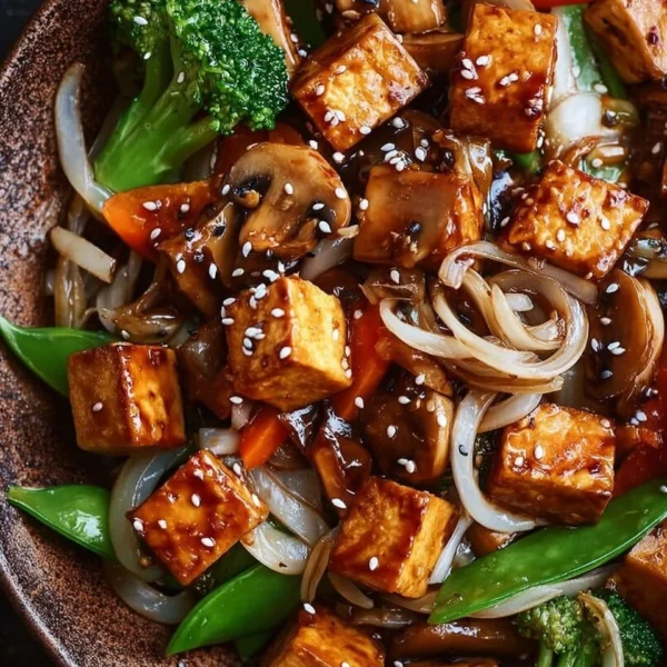 Delicious mushroom tofu stir-fry with vibrant vegetables and savory sauce.