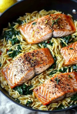 One Skillet Salmon served with Lemon Orzo, a quick and easy dinner recipe.
