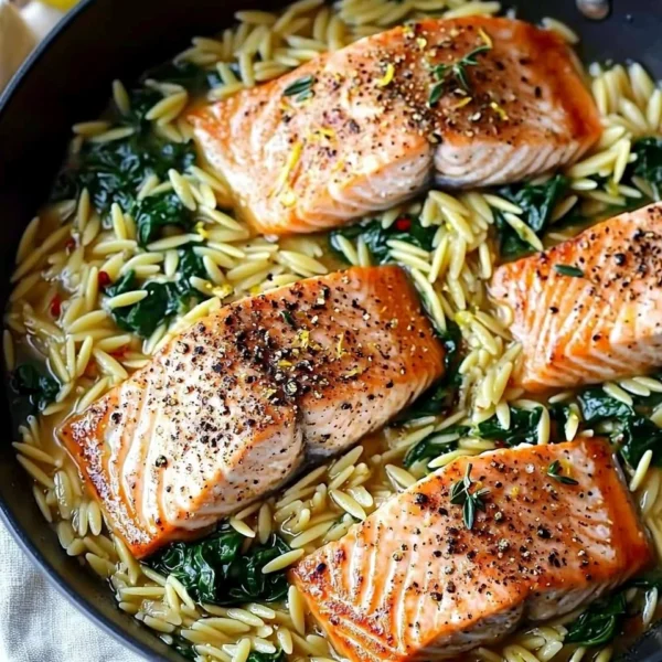One Skillet Salmon served with Lemon Orzo, a quick and easy dinner recipe.