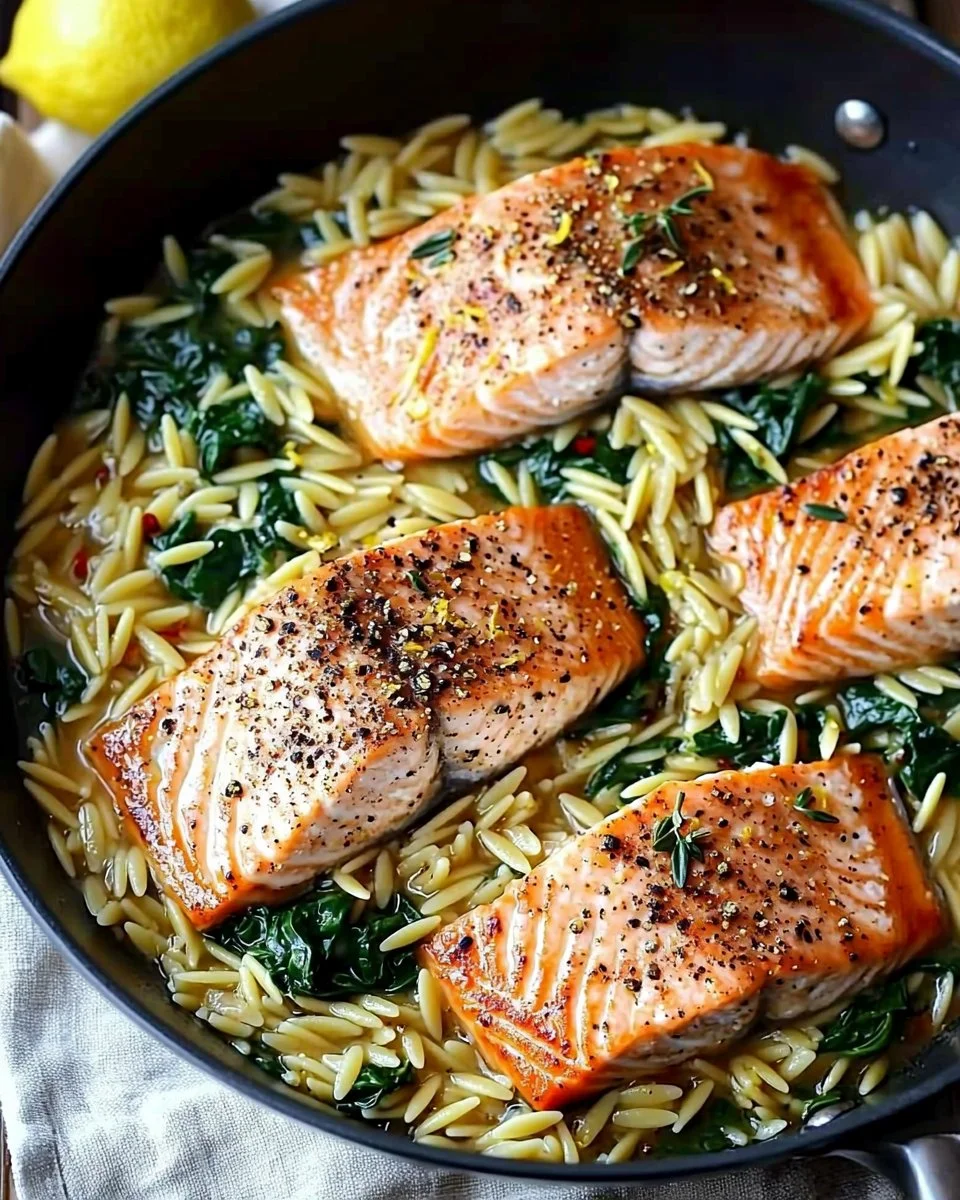 One Skillet Salmon with Lemon Orzo