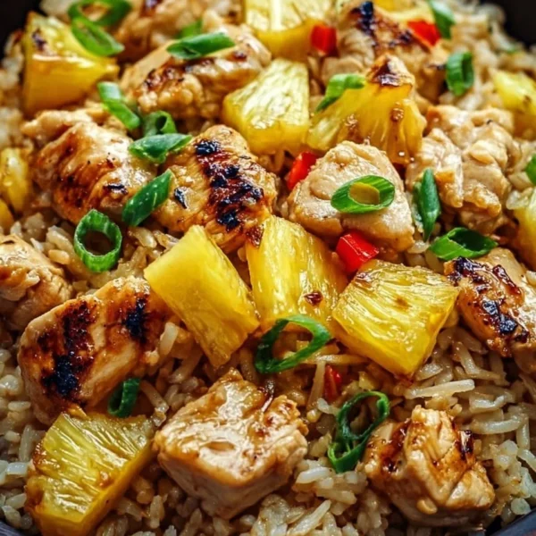 Delicious pineapple chicken served with rice, garnished with fresh herbs