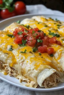 Delicious queso chicken enchiladas topped with creamy cheese and garnished.