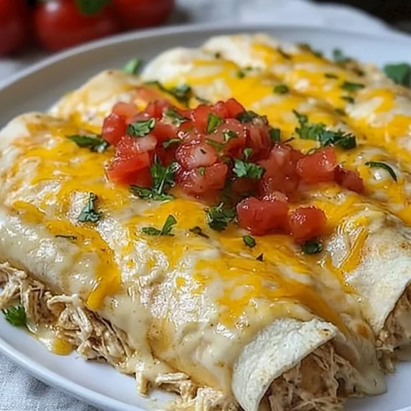 Delicious queso chicken enchiladas topped with creamy cheese and garnished.