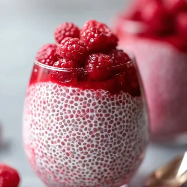 Raspberry Chia Pudding topped with fresh raspberries and maple syrup.