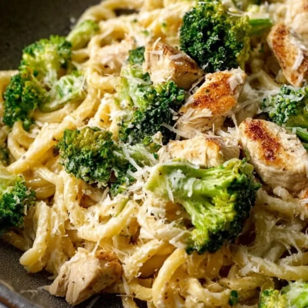 Rotisserie chicken broccoli pasta dish garnished with fresh herbs