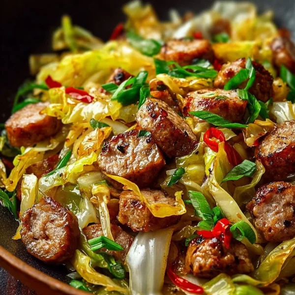 Colorful Sausage and Cabbage Stir Fry served in a bowl with fresh ingredients