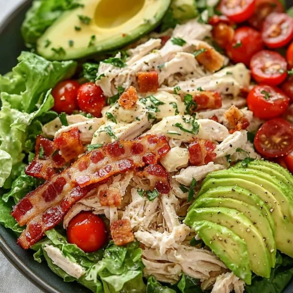 Savory BLT chicken salad with lettuce, bacon, and grilled chicken in a bowl