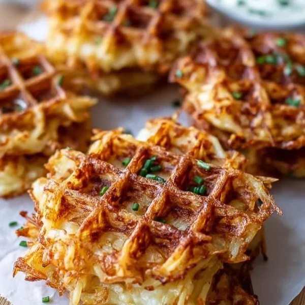 Savory hashbrown chaffles served on a plate with toppings.