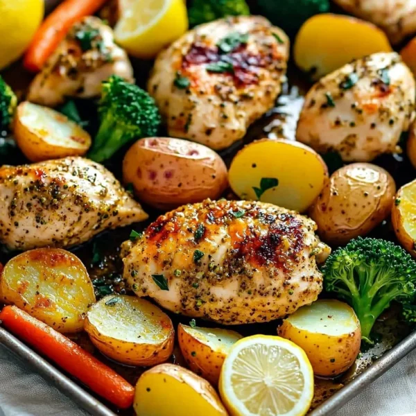 Sheet pan lemon herb chicken with mixed vegetables ready to serve