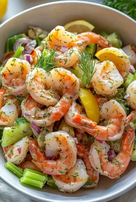 Delicious shrimp salad topped with fresh vegetables and herbs