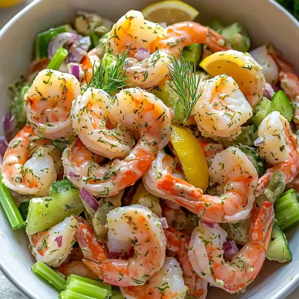 Delicious shrimp salad topped with fresh vegetables and herbs