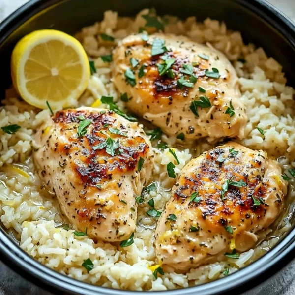 Slow cooker lemon herb chicken served with rice and fresh herbs.