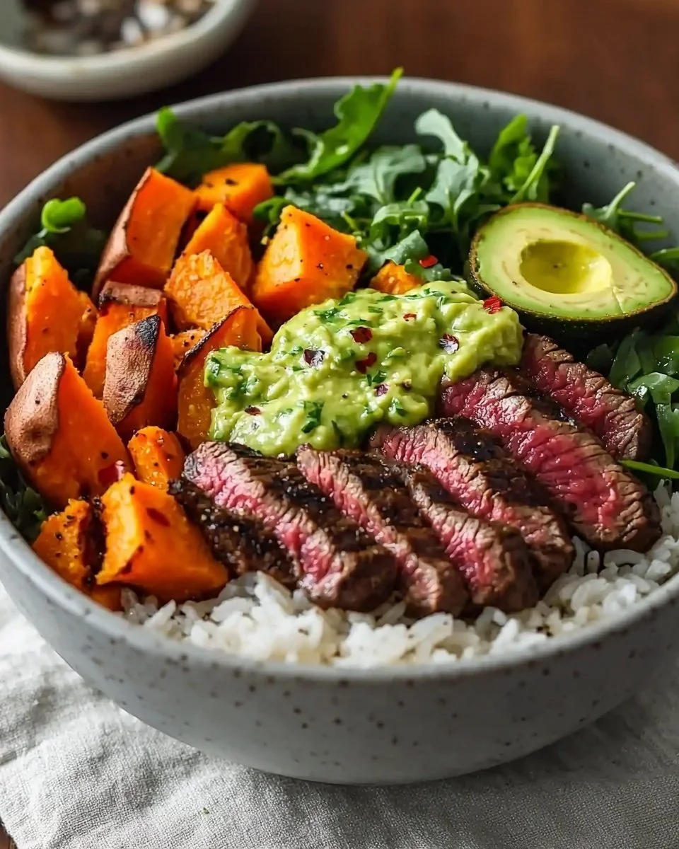 Steak and Sweet Potato Bowls with Avocado-Cilantro Drizzle