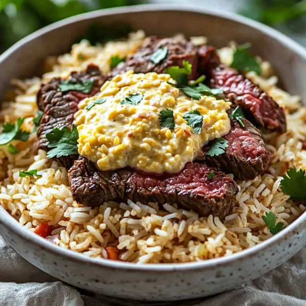 Plate of Steak Cheese Rice topped with melted cheese and garnished with herbs