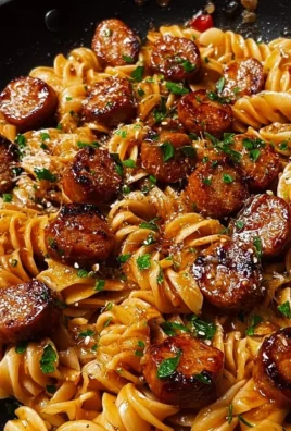 Sticky honey garlic sausage pasta skillet dish with vibrant vegetables