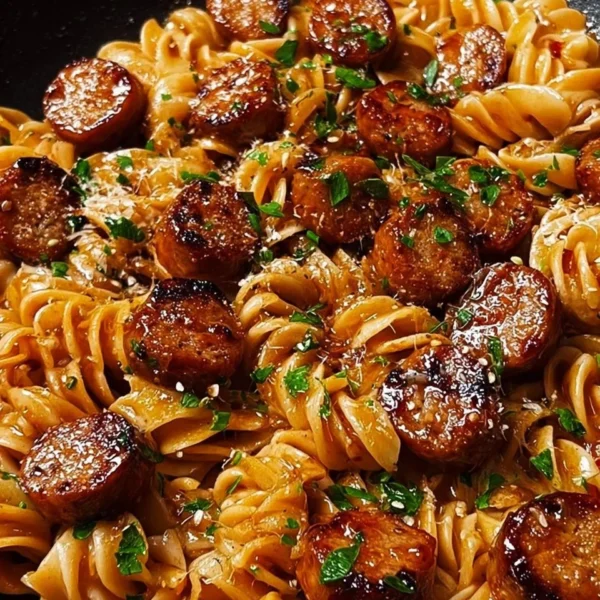 Sticky honey garlic sausage pasta skillet dish with vibrant vegetables