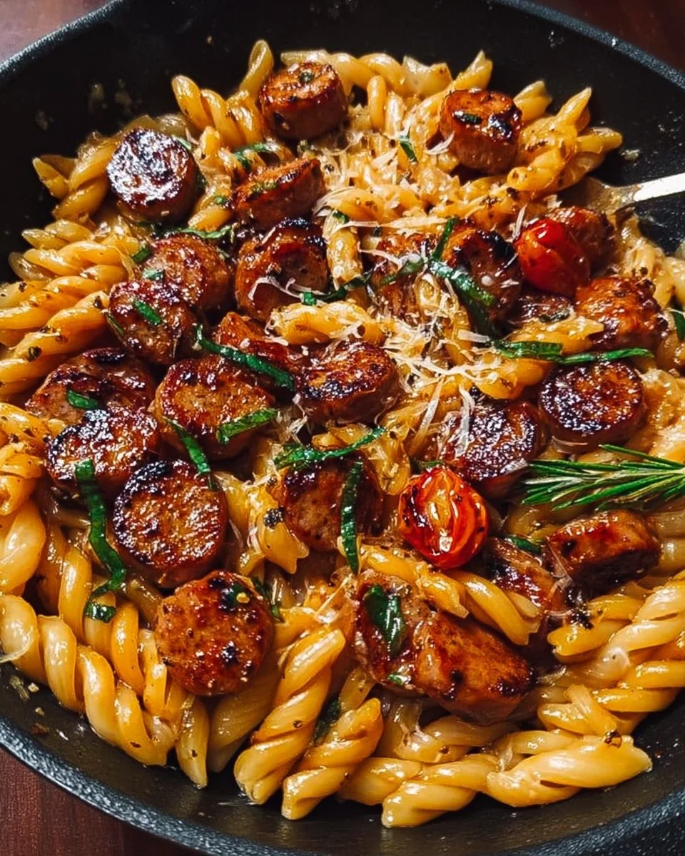 Sticky Honey Garlic Sausage Pasta Skillet
