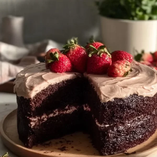 Delicious Strawberry Chocolate Cake topped with fresh strawberries and chocolate drizzle.