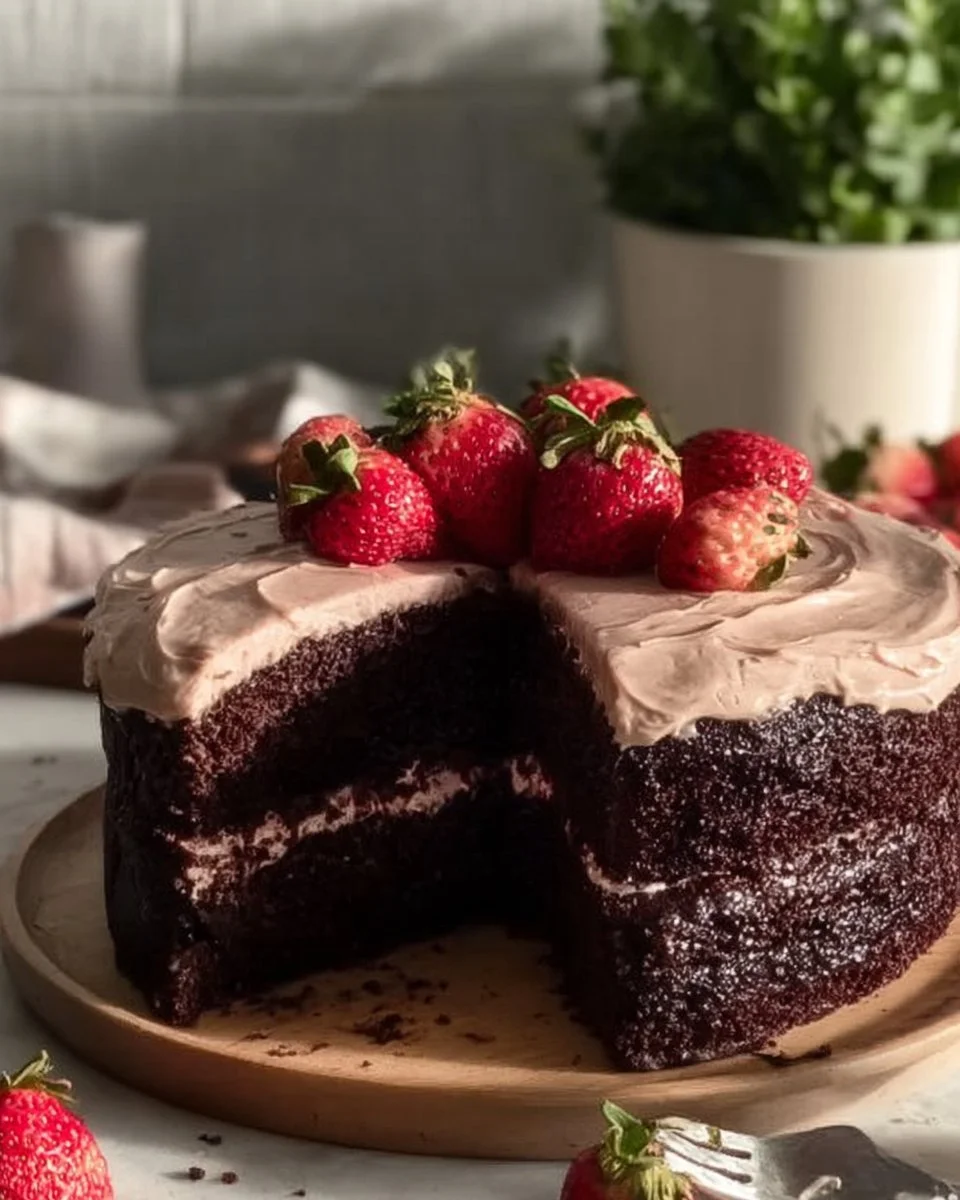 Delicious Strawberry Chocolate Cake topped with fresh strawberries and chocolate drizzle.