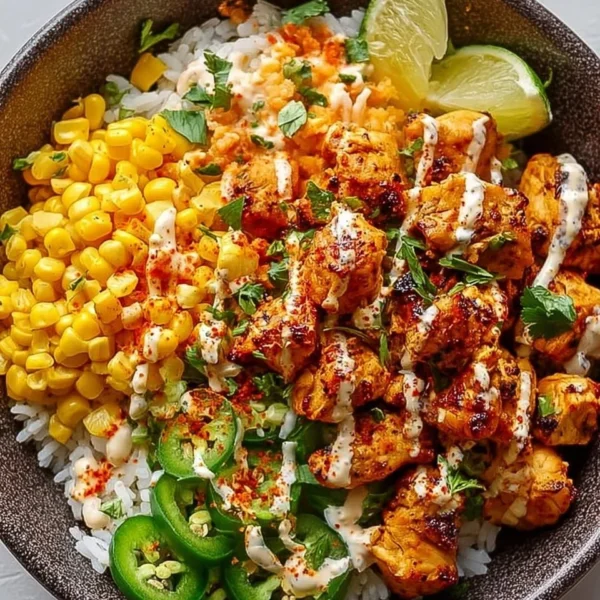 Delicious Street Corn Chicken Rice Bowl with juicy chicken and flavorful corn