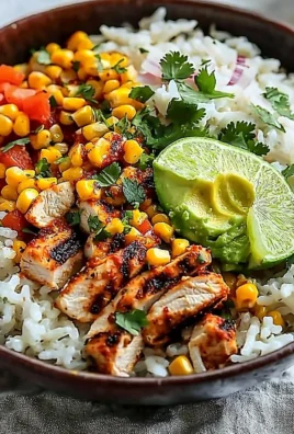 Street corn chicken rice bowl with colorful toppings and fresh ingredients