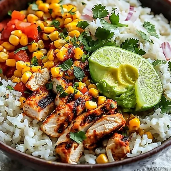 Street corn chicken rice bowl with colorful toppings and fresh ingredients