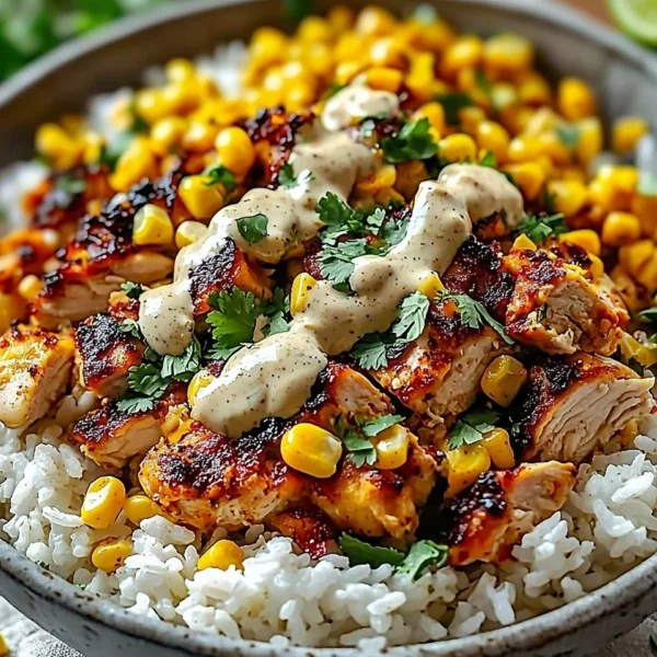 Delicious Street Corn Chicken Rice Bowl topped with fresh ingredients