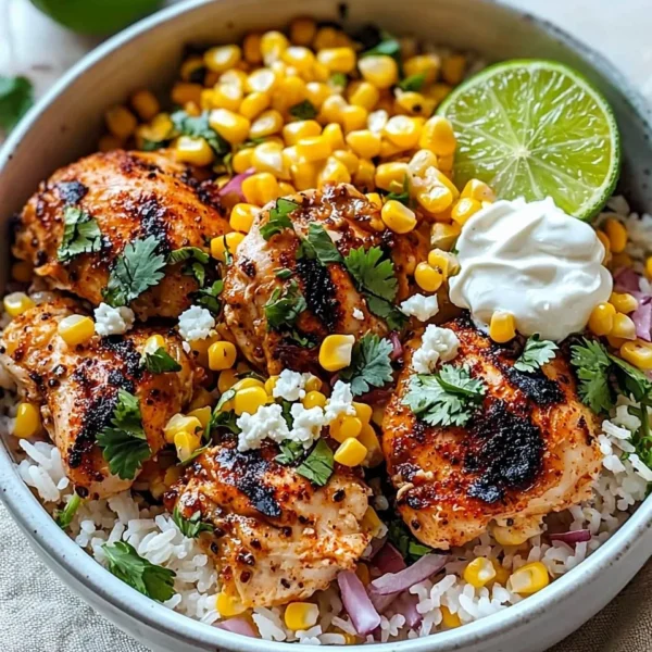 Delicious Street Corn Chicken Rice Bowl garnished with fresh toppings
