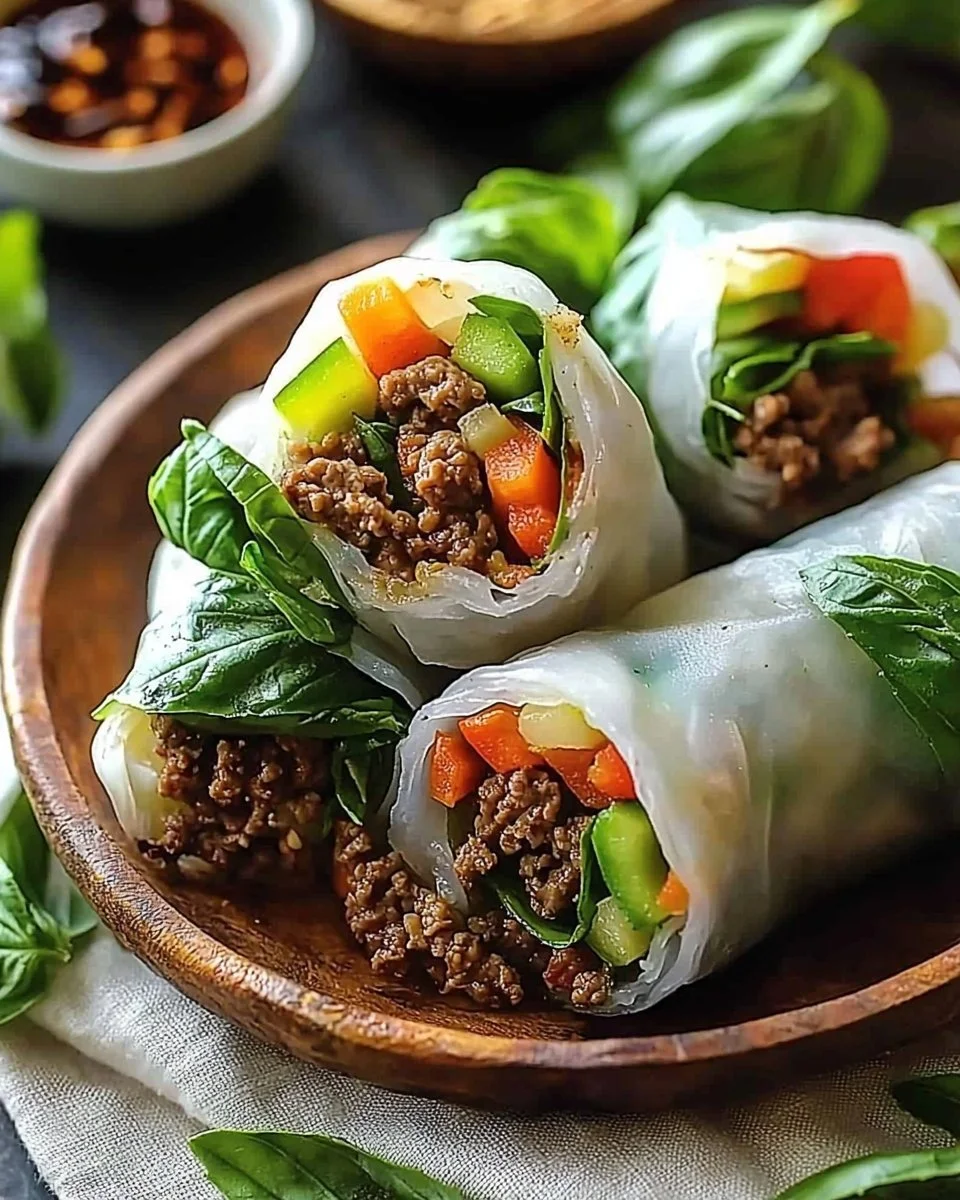 Delicious Thai Basil Beef Rolls served on a plate, showcasing freshness and flavor.