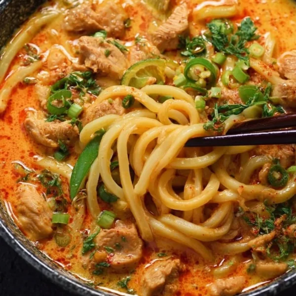 Bowl of Thai-inspired coconut red curry chicken udon with fresh vegetables and herbs