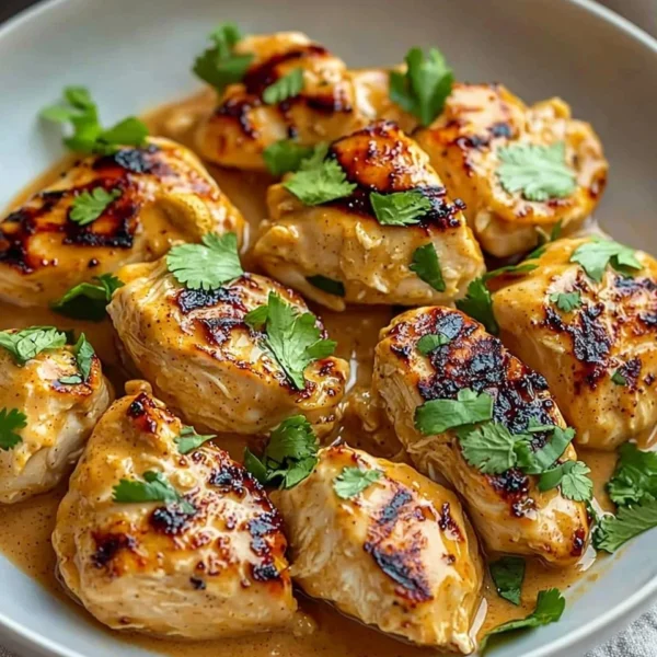 Delicious Thai Peanut Chicken served garnished with herbs and vegetables