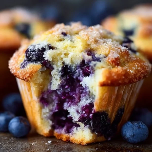 Delicious freshly baked blueberry muffins with a golden brown top.