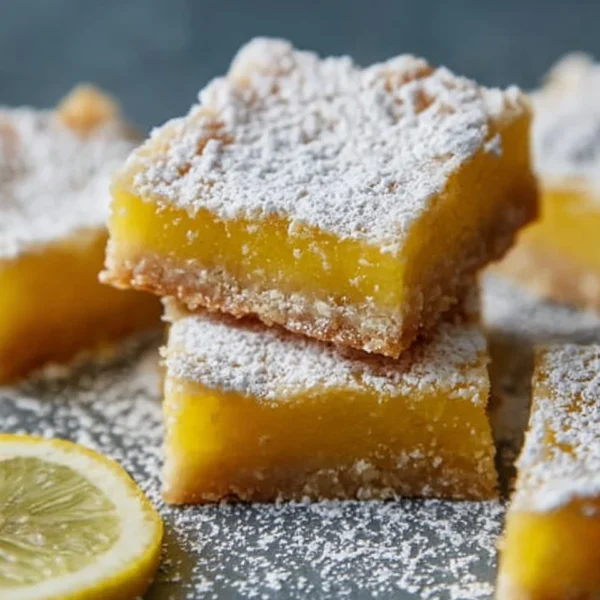 Delicious homemade lemon bars on a white plate with a dusting of powdered sugar