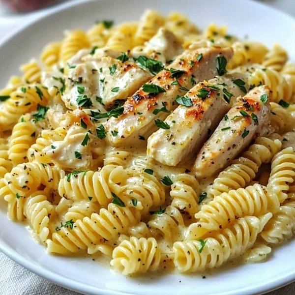 Creamy garlic parmesan chicken pasta with fresh herbs and chicken on a plate