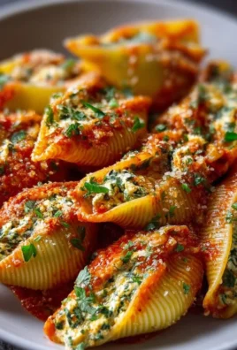 Plate of vegan stuffed shells filled with plant-based filling and marinara sauce